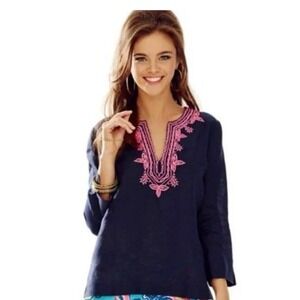 Lilly Pulitzer Navy Linen Tunic Top Pink Embroidered V-Neck Long Sleeve Size M